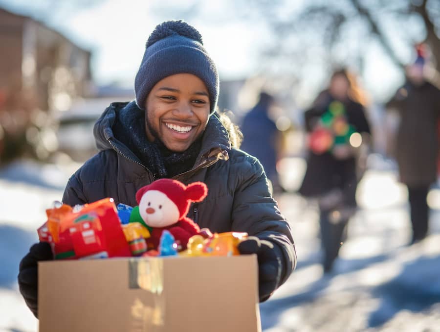 A young man smiling, walking through the snow with a box of gifts.