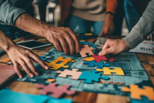 Multiple people putting together a puzzle.