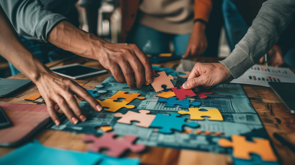 Multiple people putting together a puzzle.